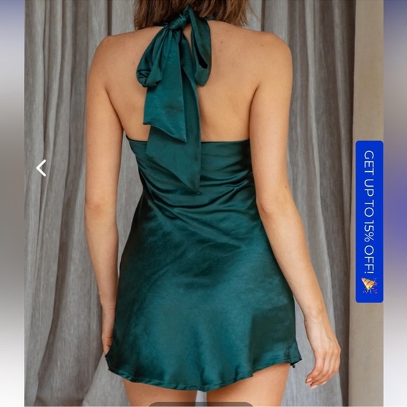 Selfie Leslie halter tie neck forest green draped silky mini dress - Picture 3 of 8